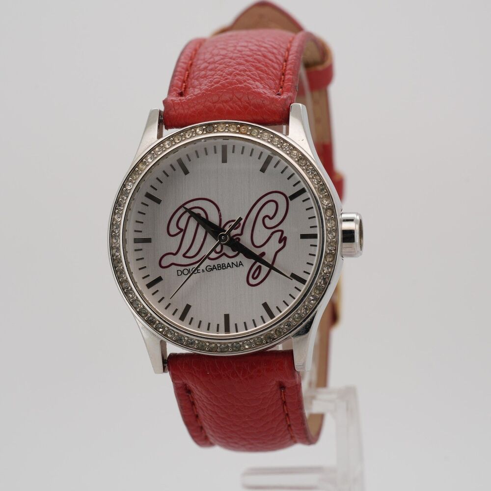 D&G Quartz Rhinestone Bezel Watch Silver Logo Dial Red Strap 36mm